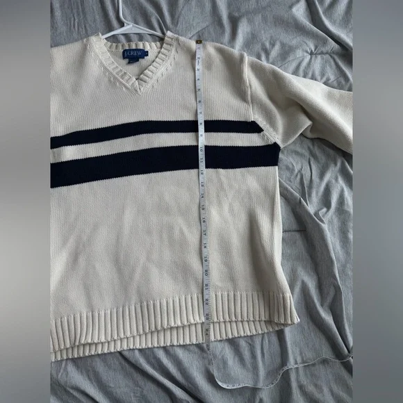 VTG J. Crew Men's Knit Sweater M 100% Cotton White Stripe V Neck USA Made Preppy